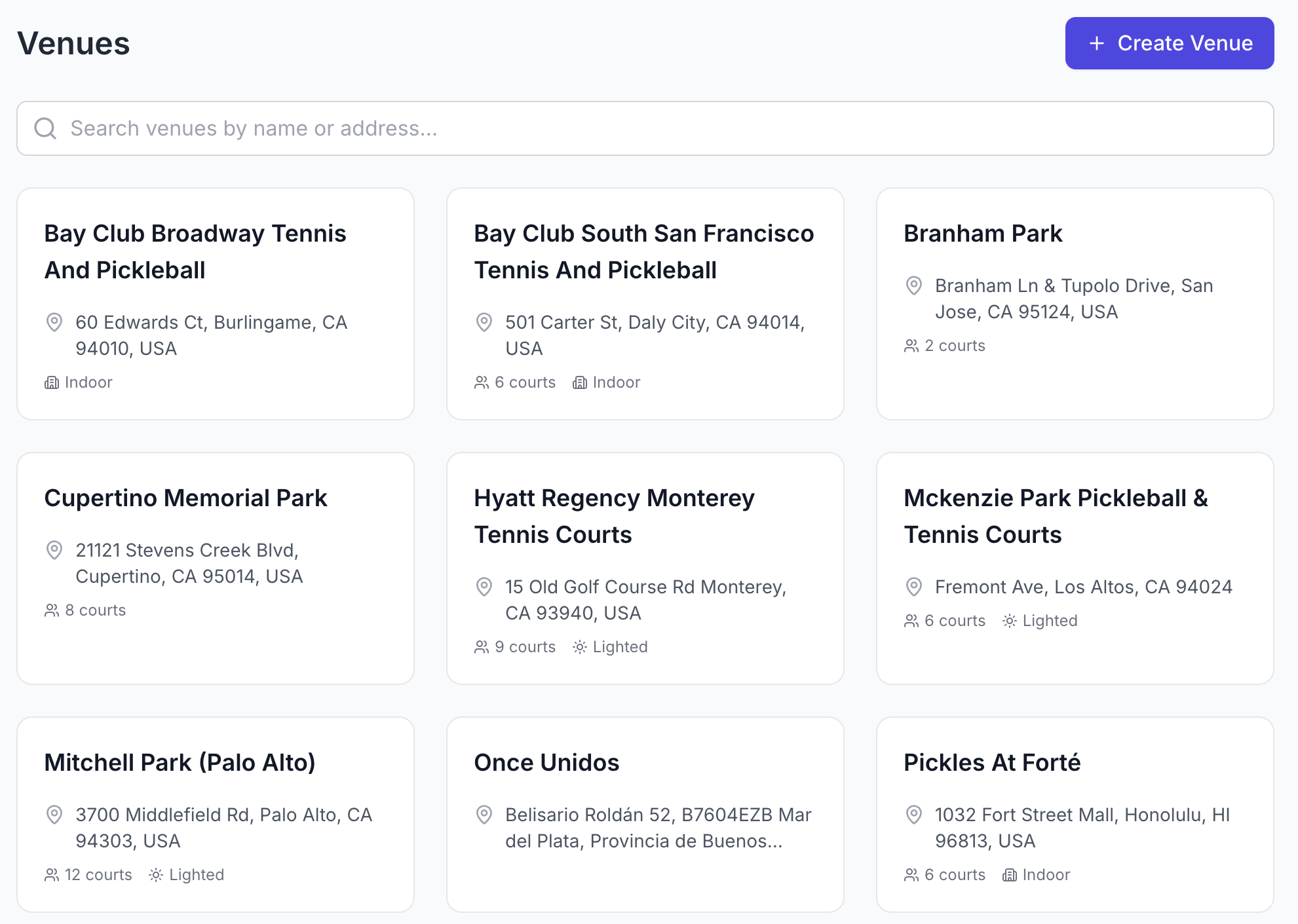 RallyHub venue list screen